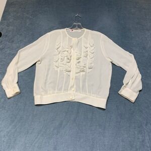 Chaus Blouse Top Womens 10 Petite White Ruffle Detail Long Sleeve Button Front